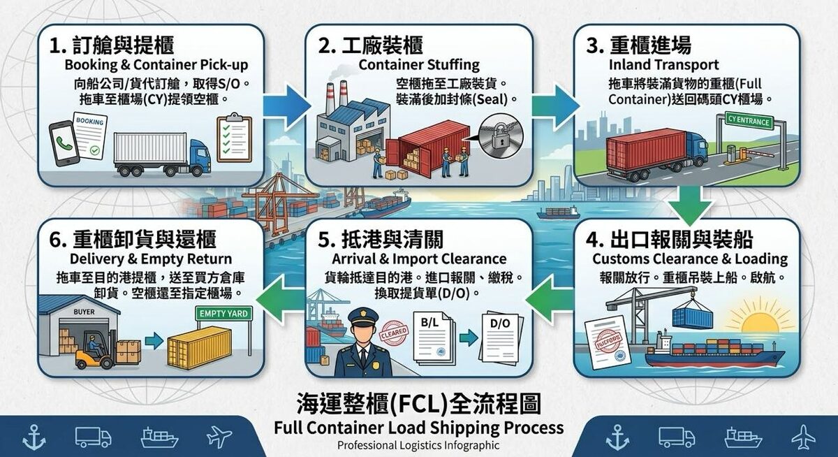 海運整櫃 FCL 全流程圖：訂艙提櫃、工廠裝櫃、重櫃進場、出口報關裝船、抵港清關、卸貨還櫃